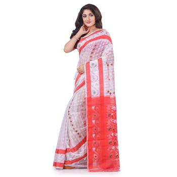 White Woven Cotton Saree Without Blouse 2