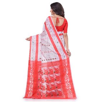 White Woven Cotton Saree Without Blouse 4