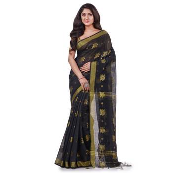 Black hand woven cotton silk saree with blouse 1