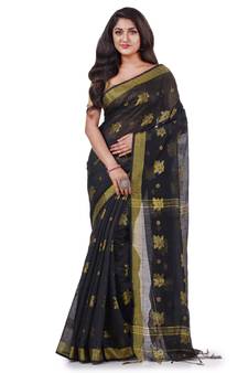 Black hand woven cotton silk saree with blouse