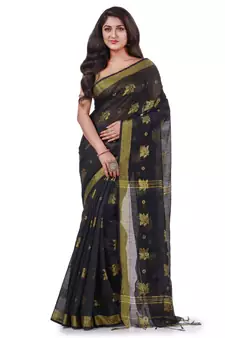 Black hand woven cotton silk saree with blouse