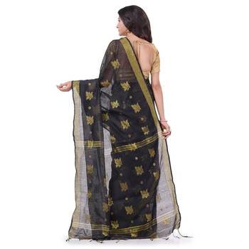 Black hand woven cotton silk saree with blouse 2