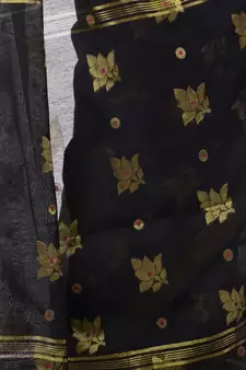 Black hand woven cotton silk saree with blouse
