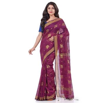 Purple hand woven cotton silk saree with blouse 1