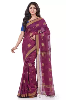 Purple hand woven cotton silk saree with blouse