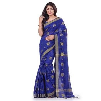 Dark blue hand woven cotton silk saree with blouse 1