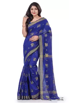Dark blue hand woven cotton silk saree with blouse