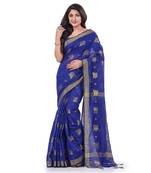 Dark blue hand woven cotton silk saree with blouse