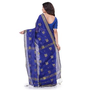 Dark blue hand woven cotton silk saree with blouse 2