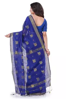 Dark blue hand woven cotton silk saree with blouse