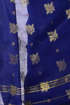 Dark blue hand woven cotton silk saree with blouse