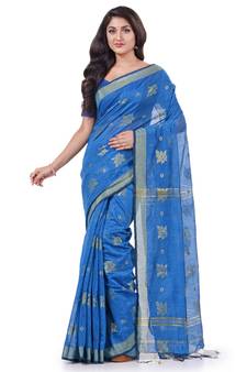 Light blue hand woven cotton silk saree with blouse