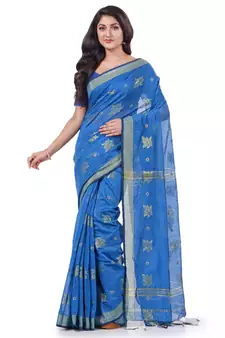 Light blue hand woven cotton silk saree with blouse