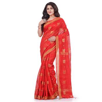 Red hand woven cotton silk saree with blouse 1
