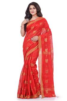 Red hand woven cotton silk saree with blouse