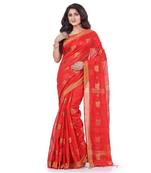 Red hand woven cotton silk saree with blouse