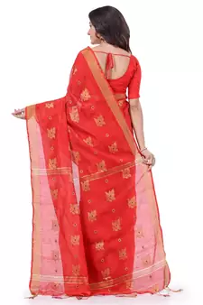 Red hand woven cotton silk saree with blouse