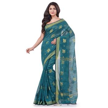 Teal hand woven cotton silk saree with blouse 1