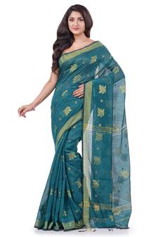 Teal hand woven cotton silk saree with blouse