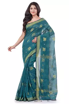 Teal hand woven cotton silk saree with blouse