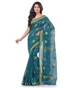 Teal hand woven cotton silk saree with blouse