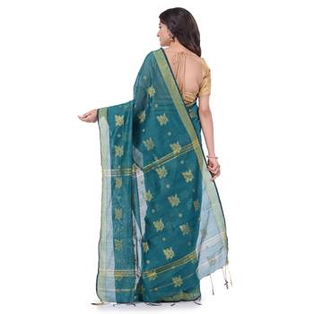 Teal hand woven cotton silk saree with blouse 2
