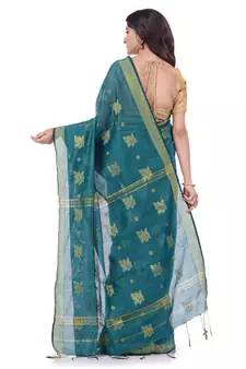 Teal hand woven cotton silk saree with blouse