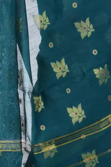 Teal hand woven cotton silk saree with blouse
