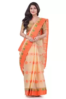 Orange Woven Cotton Saree Without Blouse