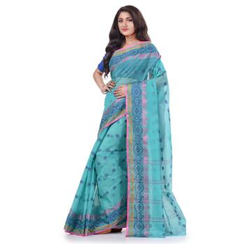 Light Blue Woven Cotton Saree Without Blouse 2