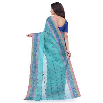 Light Blue Woven Cotton Saree Without Blouse 4