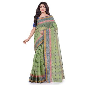 Green Woven Cotton Saree Without Blouse 1