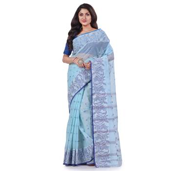 Blue Woven Cotton Saree Without Blouse 1