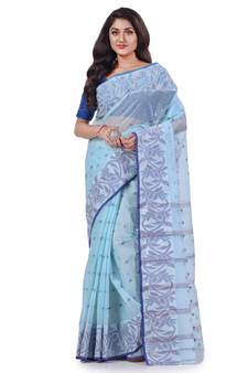 Blue Woven Cotton Saree Without Blouse