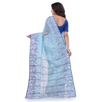 Blue Woven Cotton Saree Without Blouse 4
