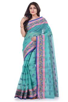 Light Blue Woven Cotton Saree Without Blouse