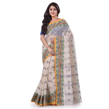 White Woven Cotton Saree Without Blouse 1