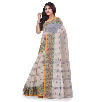 White Woven Cotton Saree Without Blouse 2