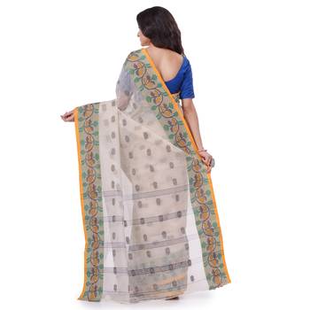 White Woven Cotton Saree Without Blouse 4