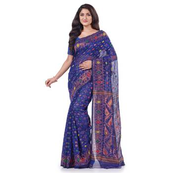Dark Blue Woven Cotton Saree Without Blouse 1