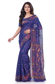 Dark Blue Woven Cotton Saree Without Blouse