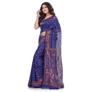 Dark Blue Woven Cotton Saree Without Blouse 2