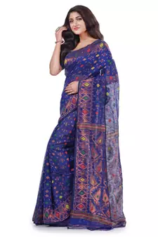 Dark Blue Woven Cotton Saree Without Blouse