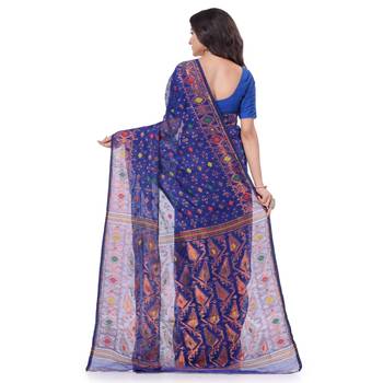 Dark Blue Woven Cotton Saree Without Blouse 4