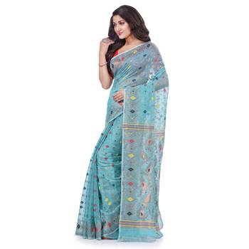 Light Blue Woven Cotton Saree Without Blouse 2