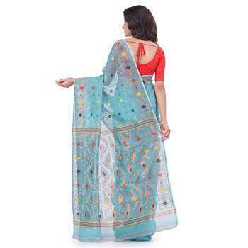 Light Blue Woven Cotton Saree Without Blouse 4
