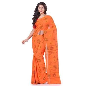 Orange hand woven cotton saree with blouse 1