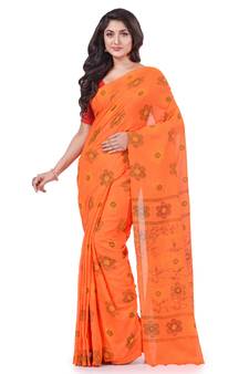 Orange hand woven cotton saree with blouse