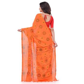 Orange hand woven cotton saree with blouse 2