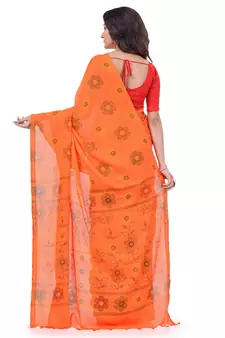 Orange hand woven cotton saree with blouse